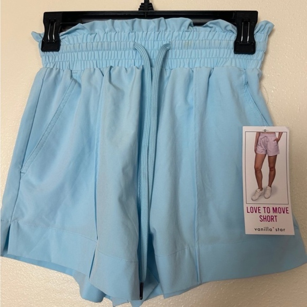 NWT Vanilla Star Women's Light Blue Paperbag Shorts love to move